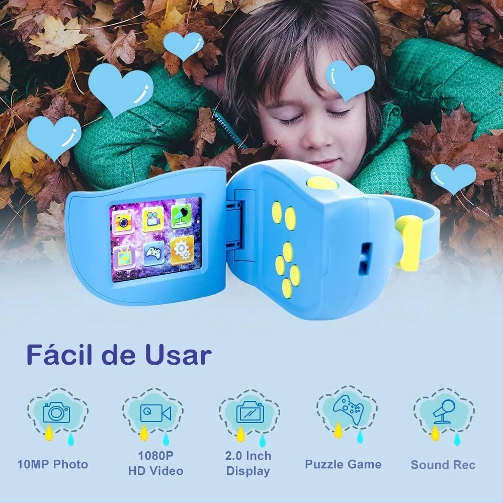 Cámara infantil rosa con juegos y pantalla a color